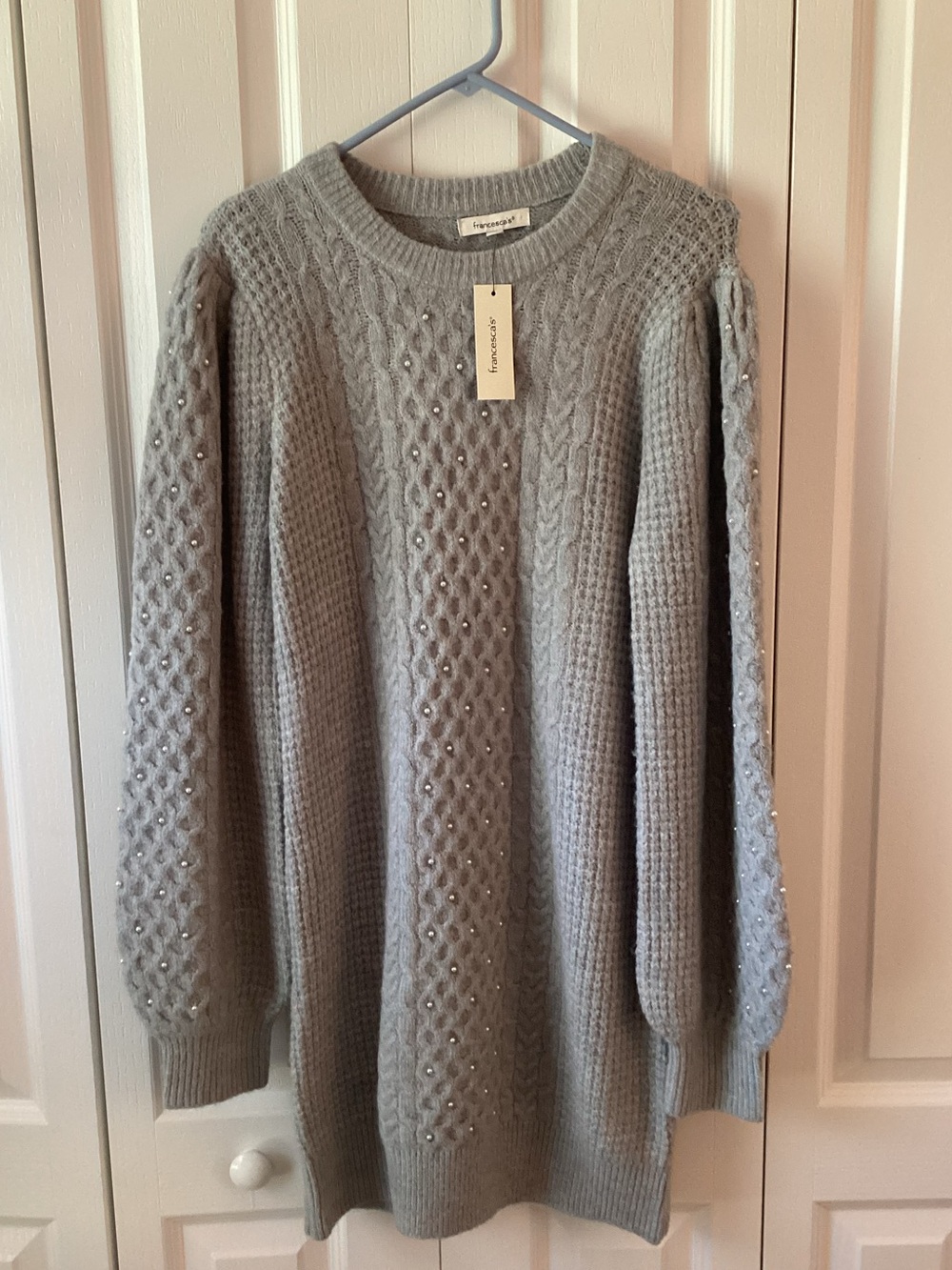 NWT Francesca's Elsa Pearl Embellished Cable Knit Sweater Dress Sz Med